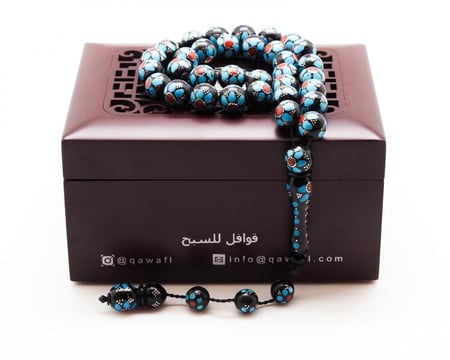 قوافل سبحة خشب كوك مشغول بالفضة والفيروز و مرجان KW0050