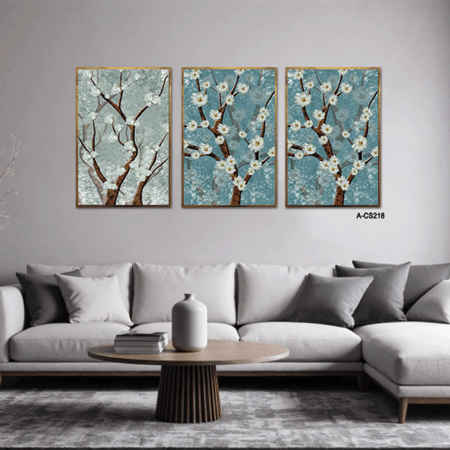 لوحة "إشراقة الربيع" الثلاثية – تجريد فني يجمع بين فخامة الفروع الذهبية وهدوء اللون التركواز