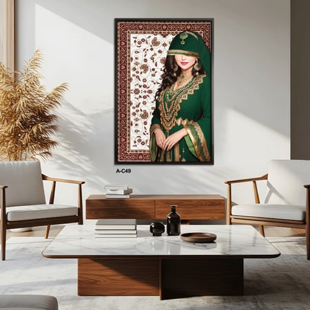 لوحة سجاد حائط جدارية - لسيدة بزي تراثي باللون الأخضر الزمردي المرصع بالذهب