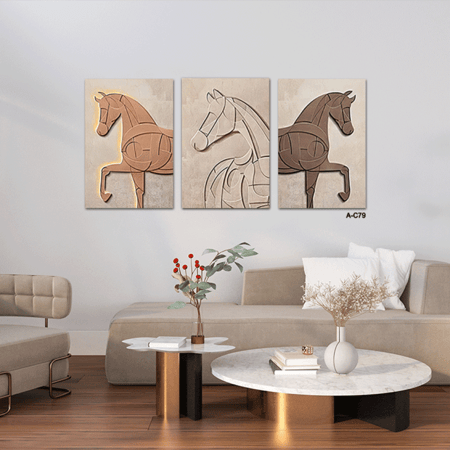 لوحة ثلاثية تجريدية ل 3 أحصنة بدرجات البنى