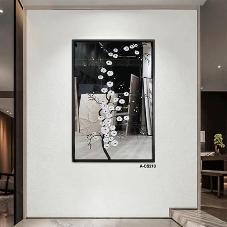 لوحة مرآة معاصرة بتصميم "زهري" انسيابي، مرسومة بخطوط سوداء وبيضاء بارزة