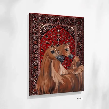 لوحة فنية لخيلين عربيين بجمال أخاذ ولون بني دافئ،