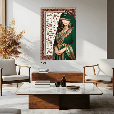 لوحة سجاد حائط جدارية - لسيدة بزي تراثي باللون الأخضر الزمردي المرصع بالذهب