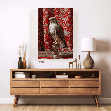 لوحة فنية تظهر صقراً ملكياً يقف بشموخ على قاعدة معدنية مزخرفة