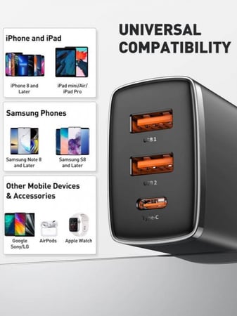 شاحن سريع بقدرة 30 وات من شركة بيسوس ابيض -اسود