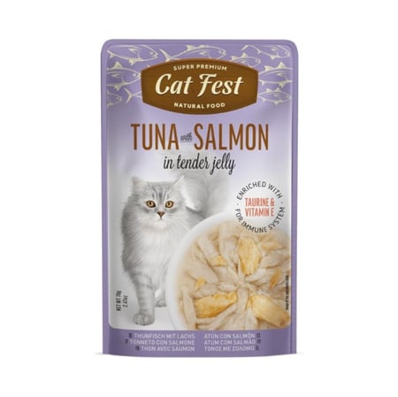 كات فيست اظرف التونة مع السالمون بالجيلي للقطط 70 غ