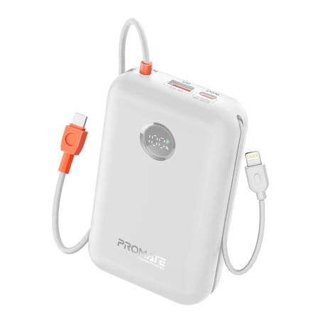 أفضل بطارية powerpod متنقلة 4 في 1 صغيرة الحجم بسعة 30000 مللي أمبير، مزودة بكيبل USB-C مدمج بقوة 35 واط، وكابل لايتنينغ بقوة 27 واط، ومنفذي USB-C مزدوجين بقوة 35 واط، مع شحن سريع موثوق بقوة 22.5 واط - Promate PowerPod-30