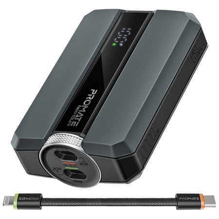 بطارية متنقلة صغيرة الحجم بسعة 10000 مللي أمبير في الساعة، تأتي مع كيبل مزدوج من نوع USB-C إلى لايتينينغ. تدعم شحن ثلاثة أجهزة في وقت واحد وتوفر شحن سريع بقوة 30 واط. مزودة بشاشة LED ونظام حماية أثناء الشحن .Promate Neo-10Uni