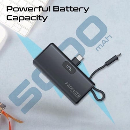 بطارية متنقلة صغيرة جدا للشحن السريع بقدرة 5000 مللي أمبير مع موصل USB-C قابل للطي وكابل آيفون Lightning • power-ip توصيل طاقة بقدرة 20 واط • موصل USB-C قابل للطي • ستاند • مدخل/مخرج USB-C بروميت Promate NanoPack-5