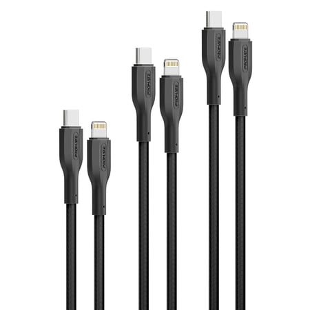 أسرع مجموعة كيابل ثلاثية USB-C™إلى لايتنينغ، سريعة الشحن بقدرة 27 واط نوع لايتنينغ، بأطوال متعددة للكابل (0.3 متر، 1.2 متر، و2 متر)، للشحن ونقل البيانات في آن واحد مع تصميم قوي مقاوم للتشابك باختبار انحناء أكثر من 25000 مرة - Promate CableKit-Ci