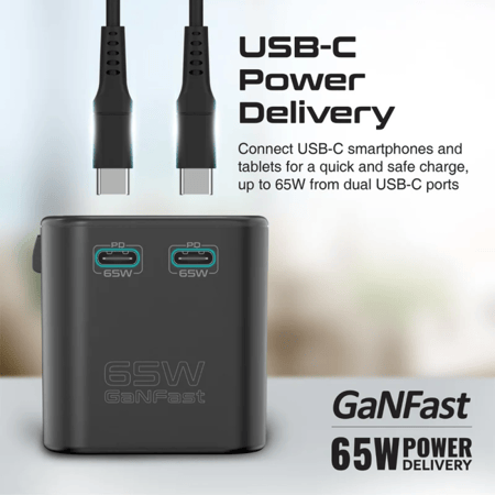 رأس كهربائي عالمي للسفرمدعوم بتقنية GaNFast™  بقدرة 65 واط لتوصيل الطاقة بمنفذ USB-C مزدوج وشحن سريع 3.0 بقوة 30 واط  ومقابس كهربائية مدمجة الولايات المتحدة/المملكة المتحدة/الاتحاد الأوروبي/الاتحاد الأفريقي بتصميم أنيق و عصري - TripMate-GaN65