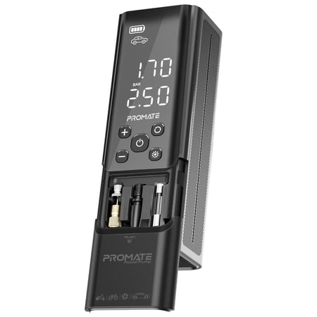 ضاغط هواء قوي ببطارية بسعة 7500 مللي أمبير في الساعة، مزود بضوء LED ووظيفة SOS. يوفر ضغط يصل إلى 150 رطل/بوصة مربعة، ويشمل منفذ USB-A. مزود بنظام لمراقبة ضغط الإطارات Promate PowerPump