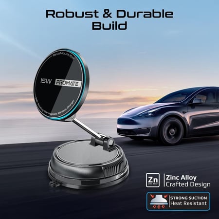 أفضل حامل وشاحن لاسلكي مغناطيسي للسيارة بقوة 15 واط متوافق مع أجهزة آيفون ماج سيف ، يتميز بتثبيت قوي 16N ودوران 360 درجة لمرونة الاستخدام، مع تصميم قابل للطي ومنفذي USB-C مزدوجين، مصنوع من سبائك الزنك ومواد ABS وPC المتينة لضمان المتانة