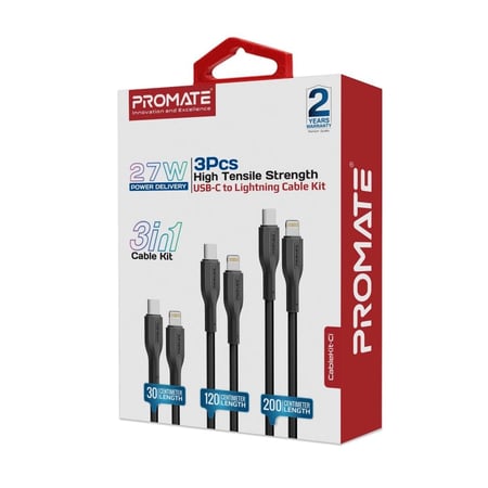 أسرع مجموعة كيابل ثلاثية USB-C™إلى لايتنينغ، سريعة الشحن بقدرة 27 واط نوع لايتنينغ، بأطوال متعددة للكابل (0.3 متر، 1.2 متر، و2 متر)، للشحن ونقل البيانات في آن واحد مع تصميم قوي مقاوم للتشابك باختبار انحناء أكثر من 25000 مرة - Promate CableKit-Ci