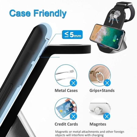 شاحن لاسلكي سريع متعدد الوظائف وقاعدة وقوف، شاحن لاسلكي 3 في 1 مع شاحن لاسلكي Qi-معتمد مع شاحن لاسلكي 15 واط لهواتف ايفون وسامسونج وهواوي والساعات الذكية