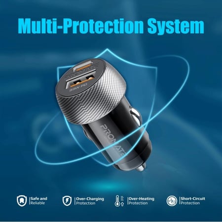 قوة كبيرة في تصميم صغير مع شاحن السيارة USB-C™ بقوة 33 واط. يتميز بمنفذ USB 3.0 للشحن السريع بقوة 18 واط وتقنية الشحن الذكية، مما يجعله مثاليًا للأجهزة اللوحية ونظام تحديد المواقع العالمي (GPS) في سيارتك - DriveGear-PD33