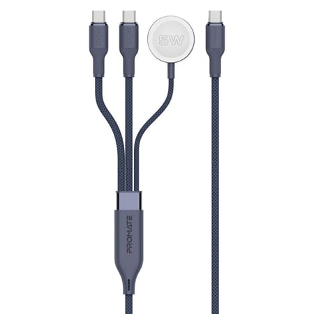 كيبل شحن USB-C فائق السرعة بقوة 100 واط مع مخرجين USB-C ، وشاحن لساعة أبل، يدعم مزامنة البيانات بسرعة 480 ميجابت في الثانية، تصميم مضفر متين بطول 140 سم – القوة والأداء في كابل واحد - Promate Fusion-CCW