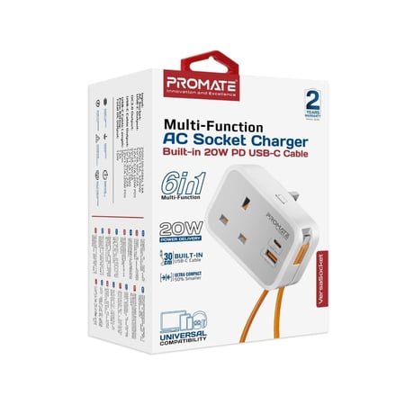 أقوى شاحن مقبس AC متعدد الوظائف مع كابل USB-C مدمج بقدرة 20 واط PD ومنفذ USB-C  بقوة 20 واط ومنفذ USB-A بقوة 18 واط يدعم تقنية QC3.0 للشحن السريع Promate VersaSocket