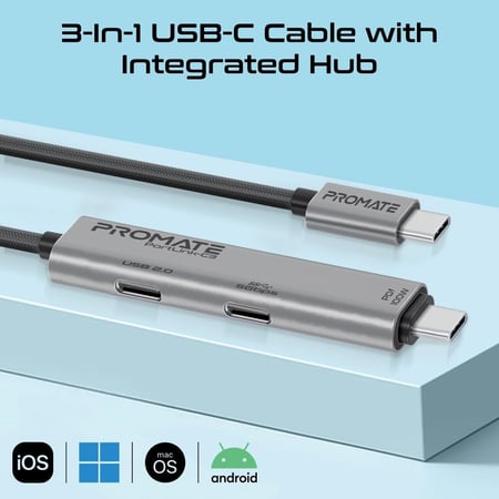 كيبل USB-C ثلاثة في واحد مع موصل USB-C بسرعة 5Gbps وقدرة شحن تصل إلى 100 واط، يضمن هذا الكابل نقل بيانات سريع للغاية وشحن فعال. توفر المنافذ المزدوجة USB-C وظائف متعددة، حيث يقدم أحد المنافذ نقل بيانات بسرعة 5Gbps بينما يدعم الآخر سرعة 480Mbps من  Promate