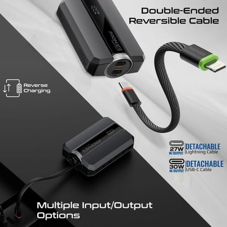 بطارية متنقلة صغيرة الحجم بسعة 10000 مللي أمبير في الساعة، تأتي مع كيبل مزدوج من نوع USB-C إلى لايتينينغ. تدعم شحن ثلاثة أجهزة في وقت واحد وتوفر شحن سريع بقوة 30 واط. مزودة بشاشة LED ونظام حماية أثناء الشحن .Promate Neo-10Uni
