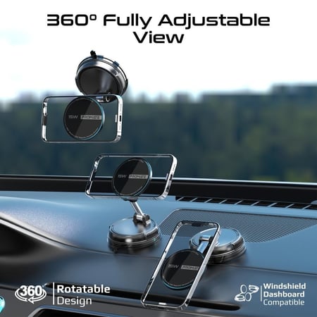 أفضل حامل وشاحن لاسلكي مغناطيسي للسيارة بقوة 15 واط متوافق مع أجهزة آيفون ماج سيف ، يتميز بتثبيت قوي 16N ودوران 360 درجة لمرونة الاستخدام، مع تصميم قابل للطي ومنفذي USB-C مزدوجين، مصنوع من سبائك الزنك ومواد ABS وPC المتينة لضمان المتانة
