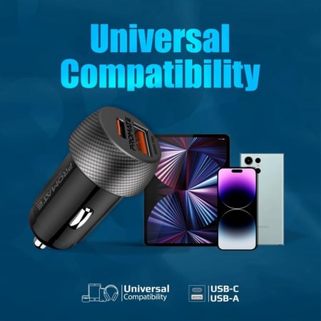 قوة كبيرة في تصميم صغير مع شاحن السيارة USB-C™ بقوة 33 واط. يتميز بمنفذ USB 3.0 للشحن السريع بقوة 18 واط وتقنية الشحن الذكية، مما يجعله مثاليًا للأجهزة اللوحية ونظام تحديد المواقع العالمي (GPS) في سيارتك - DriveGear-PD33