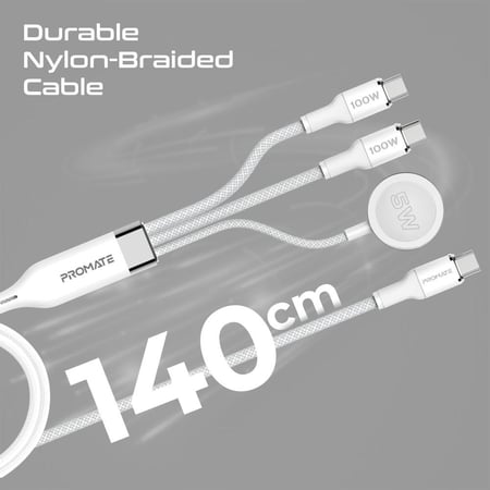 كيبل شحن USB-C فائق السرعة بقوة 100 واط مع مخرجين USB-C ، وشاحن لساعة أبل، يدعم مزامنة البيانات بسرعة 480 ميجابت في الثانية، تصميم مضفر متين بطول 140 سم – القوة والأداء في كابل واحد - Promate Fusion-CCW