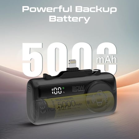 بطارية متنقلة صغيرة بسعة 5000 مللي أمبير، مزودة بموصل USB-C™ قابل للطي بقوة 20 واط، وموصل لايتنينغ  قابل للطي بقوة 12 واط، وشاحن لاسلكي لـ ساعة أبل، ومنفذ USB-C™ فائق السرعة بقوة 20 واط وشاشة LED مدمجة - Promate PowerUp-Trio