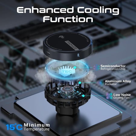 شاحن سيارة لاسلكي فائق السرعة حاصل على شهادة ال Qi2 ويدعم تقنية التبريد الذاتي المتطور بقوة 15 واط، يمكن تثبيته على لوحة القيادة أو فتحة مكيف الهواء أو الزجاج الأمامي مع نظام حماية الشحن واكتشاف الأجسام الغريبة - Promate MagChill-Qi2