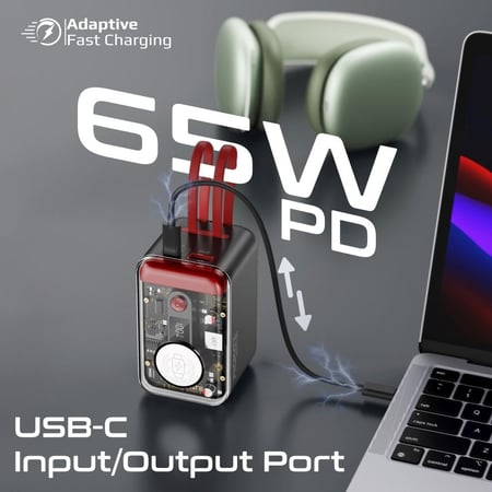 أفضل بطارية متنقلة 5 في 1، شاحن عالمي بسعة 20000 مللي أمبير مع كابلات USB-C ولايتنينغ مدمجة، منفذ توصيل للطاقة USB-C بقدرة 65 واط، منفذ USB-A بقدرة 27 واط وشاحن ساعة آبل بقوة 3 واط بتصميم شفاف وشاشة LED مع نظام أمان متعدد الحماية - Promate Mavrix-20