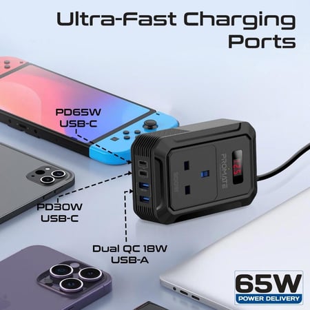 محول طاقة car sockets متعدد المنافذ من التيار المستمر إلى التيار المتردد مع مقبس تيار متردد بقوة 200واط ومنفذ USB-C بقدرة  65W ومنفذ USB-C بقدرة 30W ومنفذي USB-A بقوة 18واط بتقنية QC وامكانية مراقبة جهد بطارية سيارتك بسهولة باستخدام  شاشة LCD من Promate I