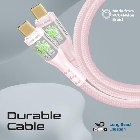 سلك شحن USB-C تايب سي الى تايب سي بطول  2 متر فائق السرعة يشحن بقدرة 60 واط مزود برأس شحن شفاف ويدعم نقل البيانات والشحن السريع بضوء LED    مقاوم للانحناء حتى 25000 مرة مع رأس الشحن مطلي بالذهب  Promate-TransLine-CC200 بطول 200 سم