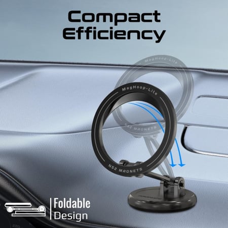 استمتع بقيادة آمنة ومريحة مع حامل جوال متوافق مع تقنية ماج سيف بزاوية 360 درجة  وتصميم آمن مضاد للانزلاق للوحة القيادة  قابل للتعديل في الارتفاع ويشمل حلقة معدنية مع Promate-MagHoop-Lite