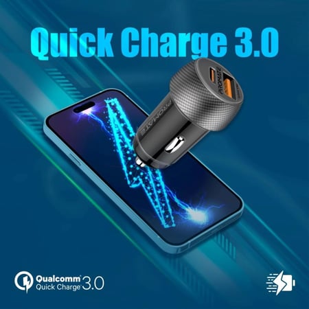 قوة كبيرة في تصميم صغير مع شاحن السيارة USB-C™ بقوة 33 واط. يتميز بمنفذ USB 3.0 للشحن السريع بقوة 18 واط وتقنية الشحن الذكية، مما يجعله مثاليًا للأجهزة اللوحية ونظام تحديد المواقع العالمي (GPS) في سيارتك - DriveGear-PD33