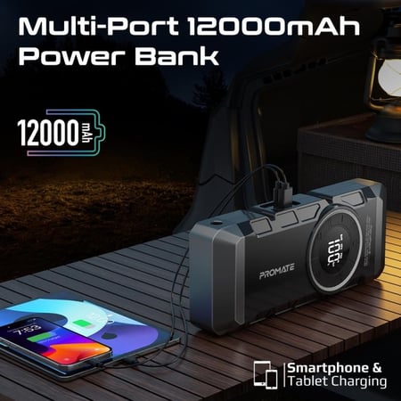 القوة والتنوع jump مع مُشغل السيارة عالي السعة 2000 أمبير/12 فولت المزود بضاغط هواء ومصباح LED مع بطارية سعة 12000 مللي أمبير ومنفاخ للعجلات يصل إلى 150 PSI وشعلة LED بسطوع 600 لومن بالإضافة إلى مشابك مشتركة ذكية وشاشة LCD من  Promate PatrolPack-2