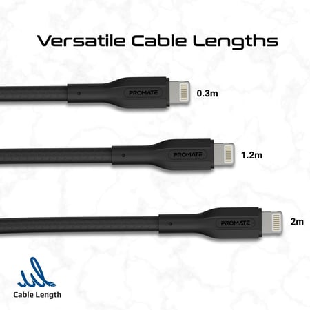 أسرع مجموعة كيابل ثلاثية USB-C™إلى لايتنينغ، سريعة الشحن بقدرة 27 واط نوع لايتنينغ، بأطوال متعددة للكابل (0.3 متر، 1.2 متر، و2 متر)، للشحن ونقل البيانات في آن واحد مع تصميم قوي مقاوم للتشابك باختبار انحناء أكثر من 25000 مرة - Promate CableKit-Ci