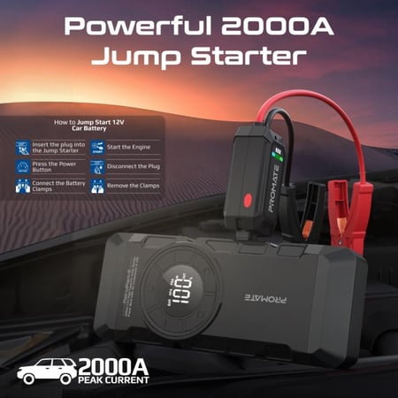القوة والتنوع jump مع مُشغل السيارة عالي السعة 2000 أمبير/12 فولت المزود بضاغط هواء ومصباح LED مع بطارية سعة 12000 مللي أمبير ومنفاخ للعجلات يصل إلى 150 PSI وشعلة LED بسطوع 600 لومن بالإضافة إلى مشابك مشتركة ذكية وشاشة LCD من  Promate PatrolPack-2