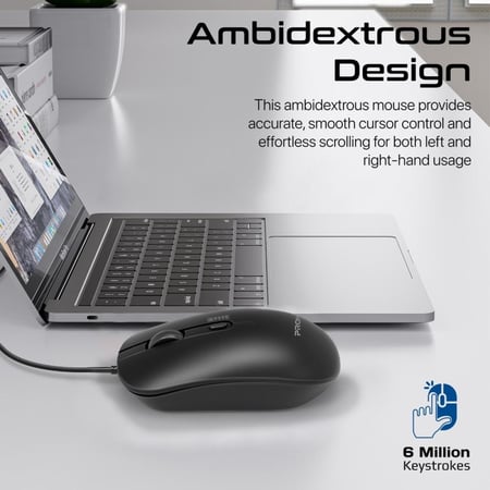 أفضل فأرة سلكية بتصميم مريح لكلتا اليدين بتقنية الفأرة البصرية ومفاتيح تتحمل 6 ملايين ضغطة، دقة قابلة للتعديل تصل إلى 2400 نقطة في البوصة، 4 أزرار قابلة للبرمجة، كابل بطول 1.5 متر ومقبض مانع للانزلاق - Promate CM-2400