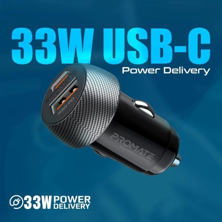 قوة كبيرة في تصميم صغير مع شاحن السيارة USB-C™ بقوة 33 واط. يتميز بمنفذ USB 3.0 للشحن السريع بقوة 18 واط وتقنية الشحن الذكية، مما يجعله مثاليًا للأجهزة اللوحية ونظام تحديد المواقع العالمي (GPS) في سيارتك - DriveGear-PD33