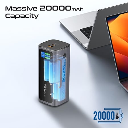 أحدث وأقوى بطارية متنقلة بسعة 20000 مللي أمبير، بقدرة شحن 130 واط، مزودة بمنفذ USB-C PD بقوة 100 واط، كابل USB-C قابل للسحب 100 واط، ومنفذ QC 3.0 بقوة 30 واط، مع حامل مدمج للهواتف وشاشة رقمية لمتابعة مستوى الطاقة - Promate Titan-130RC