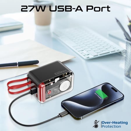 أفضل بطارية متنقلة 5 في 1، شاحن عالمي بسعة 20000 مللي أمبير مع كابلات USB-C ولايتنينغ مدمجة، منفذ توصيل للطاقة USB-C بقدرة 65 واط، منفذ USB-A بقدرة 27 واط وشاحن ساعة آبل بقوة 3 واط بتصميم شفاف وشاشة LED مع نظام أمان متعدد الحماية - Promate Mavrix-20