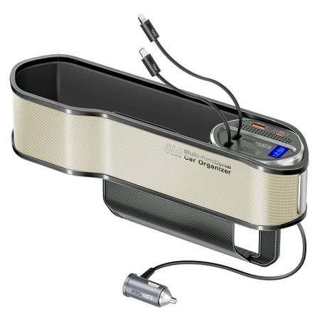 منظم سيارة متعدد الوظائف مزود بمحطة شحن بقوة 65 واط وكابلات USB-C وLightning قابلة للسحب لتسهيل شحن أجهزتك في السيارة - Promate CarMate-RPD