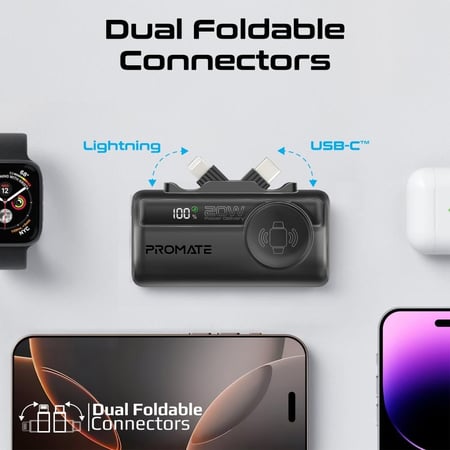 بطارية متنقلة صغيرة بسعة 5000 مللي أمبير، مزودة بموصل USB-C™ قابل للطي بقوة 20 واط، وموصل لايتنينغ  قابل للطي بقوة 12 واط، وشاحن لاسلكي لـ ساعة أبل، ومنفذ USB-C™ فائق السرعة بقوة 20 واط وشاشة LED مدمجة - Promate PowerUp-Trio
