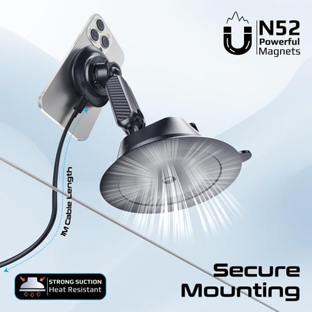 شاحن سيارة MagChill  لاسلكي بتقنية FlexiGrip™ Qi2  يدعم الشحن بقوة 15واط ومتوافق مع تقنية ماج سيف بتصميم مفاصل مزدوجة كروية لتوفير مرونه اكبر وسهولة في التعديل  يناسب التثبيت على الزجاج الأمامي أو لوحة القيادة  Promate FlexDrive-Qi2