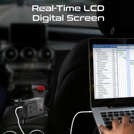 محول طاقة car sockets متعدد المنافذ من التيار المستمر إلى التيار المتردد مع مقبس تيار متردد بقوة 200واط ومنفذ USB-C بقدرة  65W ومنفذ USB-C بقدرة 30W ومنفذي USB-A بقوة 18واط بتقنية QC وامكانية مراقبة جهد بطارية سيارتك بسهولة باستخدام  شاشة LCD من Promate I