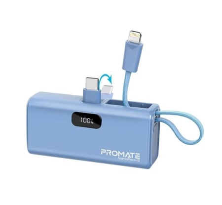بطارية متنقلة صغيرة جدا للشحن السريع بقدرة 5000 مللي أمبير مع موصل USB-C قابل للطي وكابل آيفون Lightning • power-ip توصيل طاقة بقدرة 20 واط • موصل USB-C قابل للطي • ستاند • مدخل/مخرج USB-C بروميت Promate NanoPack-5