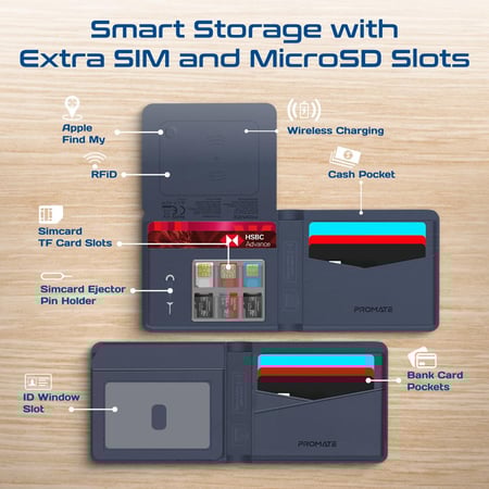 أجمل محفظة جلدية ذكية تدعم Apple Find My مع تقنية حجب RFID، شحن لاسلكي، تنبيهات ضد الفقدان عبر Bluetooth 5.2، فتحات لبطاقات SIM وMicroSD، بطارية تدوم 6 أشهر وتصميم نحيف وأنيق مثالي للسفر والاستخدام اليومي.