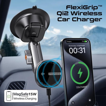 شاحن سيارة MagChill  لاسلكي بتقنية FlexiGrip™ Qi2  يدعم الشحن بقوة 15واط ومتوافق مع تقنية ماج سيف بتصميم مفاصل مزدوجة كروية لتوفير مرونه اكبر وسهولة في التعديل  يناسب التثبيت على الزجاج الأمامي أو لوحة القيادة  Promate FlexDrive-Qi2