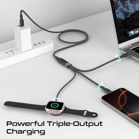 كيبل شحن USB-C فائق السرعة بقوة 100 واط مع مخرجين USB-C ، وشاحن لساعة أبل، يدعم مزامنة البيانات بسرعة 480 ميجابت في الثانية، تصميم مضفر متين بطول 140 سم – القوة والأداء في كابل واحد - Promate Fusion-CCW