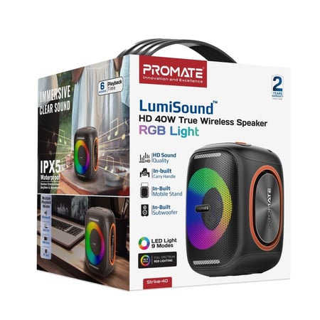 مكبر صوت لاسلكي عالي الجودة LumiSound™ HD بقوة 40 واط، مع إضاءة RGB لتجربة صوتية متميزة - Promate Strike-40